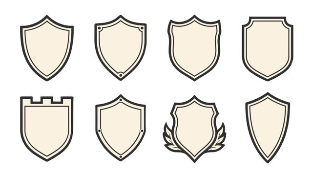 Set of decorative shield badge outline shapes in vector style