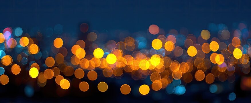 Soft focus abstract of city lights at dusk with a dark blue sky