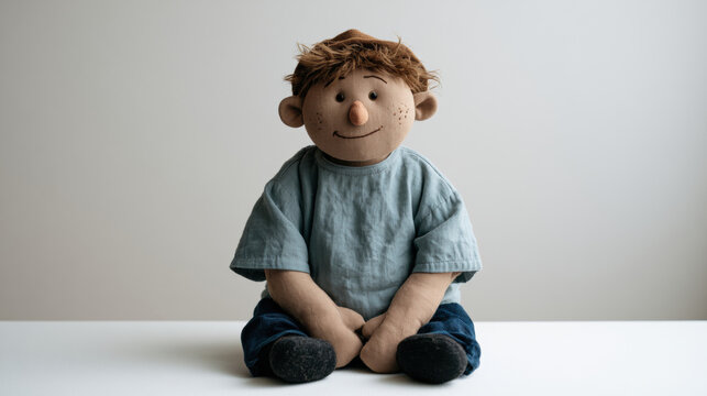 Handmade textile puppet boy doll linen fabric cloth toy soft toy stuffed doll sitting smiling freckle face, cute handmade boy doll linen fabric