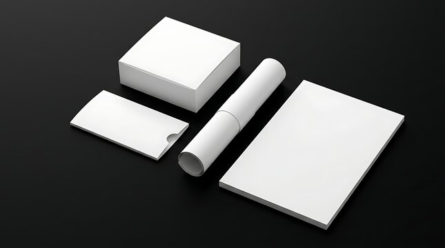 Blank stationery mockup set with box tube sleeve and paper on black background for corporate branding presentation showcase