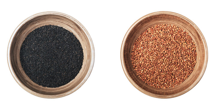 two bowls of black sesame seeds and buckwheat