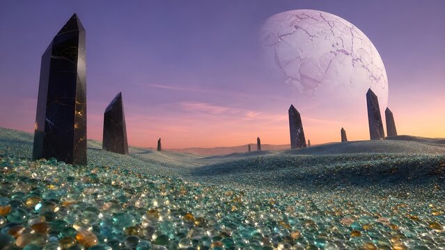 Surreal Alien Planet Landscape With Black Crystal Obelisks On Glass Marble Dunes Under Moon (