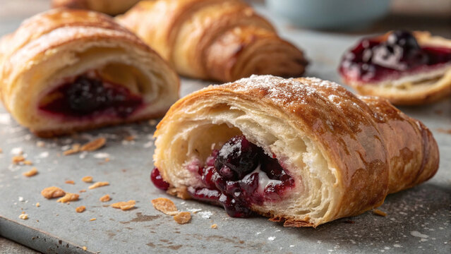 Photorealistic macro croissant layers blueberry compote close up sugar crystals buttery texture warm patisserie lighting detail focus