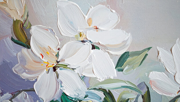 Abstract oil painting of elegant white flowers in bloom, expressive brushstrokes, rich textured oil paint on canvas, soft pastel background, floral art, beautiful nature inspiration.