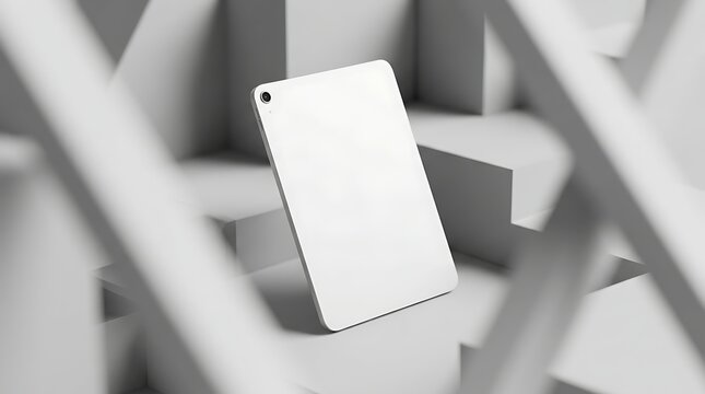 Blank tablet mockup screen floating in abstract geometric space with structural depth and soft shadows for UI display