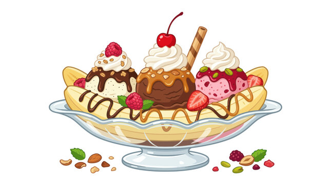 Delicious Banana Split Ice Cream Sundae with Fruits and Toppings