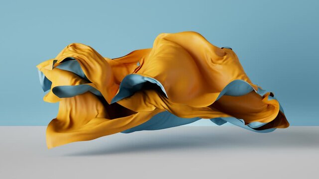 Abstract minimalist 3D animation. Blue and yellow two-sided fabric flutters, isolated on a plain background. The elegant drape waves in slow motion.