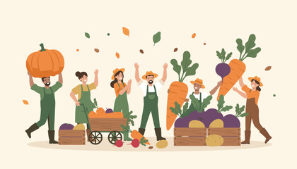 Fototapeta premium Diverse group of happy farmers celebrating a successful autumn harvest with various large vegetables like pumpkins and giant carrots.