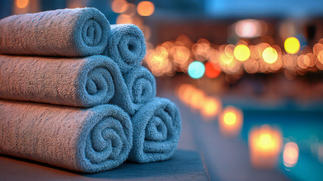 Soft rolled towels stacked by a glowing poolside during evening with sparkling warm lights creating a cozy and inviting atmosphere for relaxation and comfort