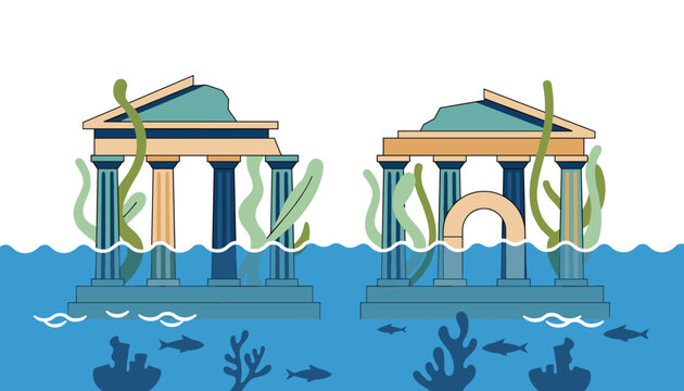 Sunken ruins of ancient Greek temple with marble columns and pediment underwater surrounded by seaweed and swimming fish in the deep blue sea.