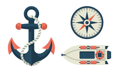Naklejka premium Vector nautical icons set with anchor compass and rescue boat nautical navigation maritime equipment