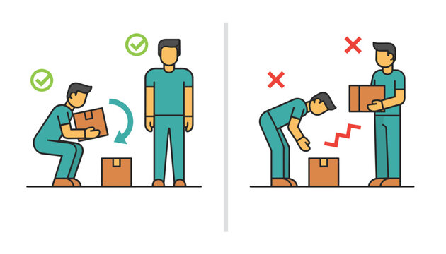 Safety infographic demonstrating correct and incorrect techniques for lifting heavy boxes to prevent back injury in the workplace or warehouse.