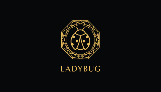 Elegant gold ladybug logo design with geometric circular frame set against a professional black background for luxury branding and retail identity.