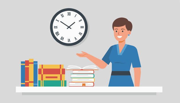 Friendly librarian or teacher standing behind a shelf filled with books pointing towards them under a large wall clock in an academic setting.