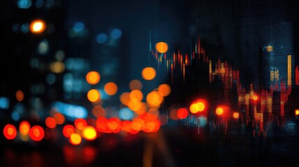 Naklejka premium Blurred city lights and a flickering stock market graph over a dark background