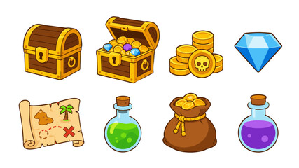 Cartoon game treasure icons with chest coins gem map and potions © Andrei