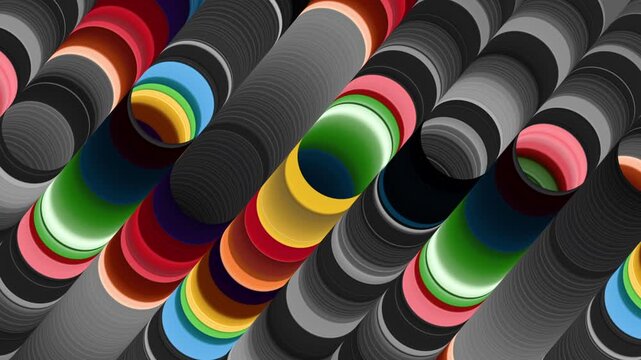 A looping 3d animation of colorful circles moving and changing colors, creating an optical effect of shifting segmented tubes. Abstract geometric background