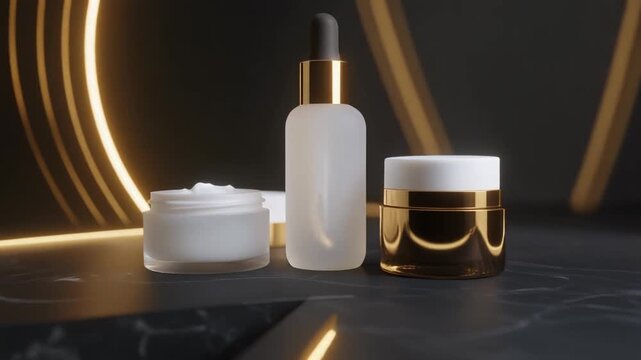 Luxurious Skincare Set with Frosted Serum Bottle and Cream Jar on Elegant Dark Marble Surface, Cinematic Full HD Beauty Product Background