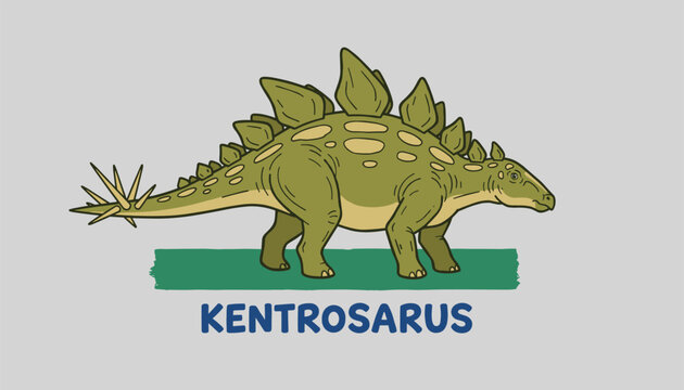 Detailed illustration of a kentrosaurus dinosaur with defensive spikes and plates walking on a green ground stripe in an educational graphic.