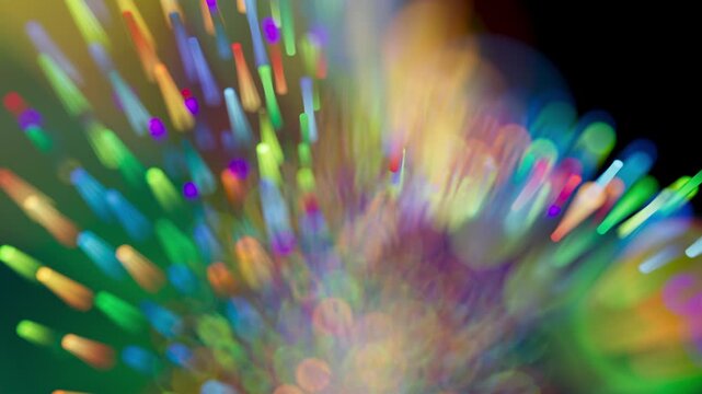 Round bokeh lights of many colors move through a dark digital space. The blurred circles create a lively and energetic disco feel. 3D render motion.