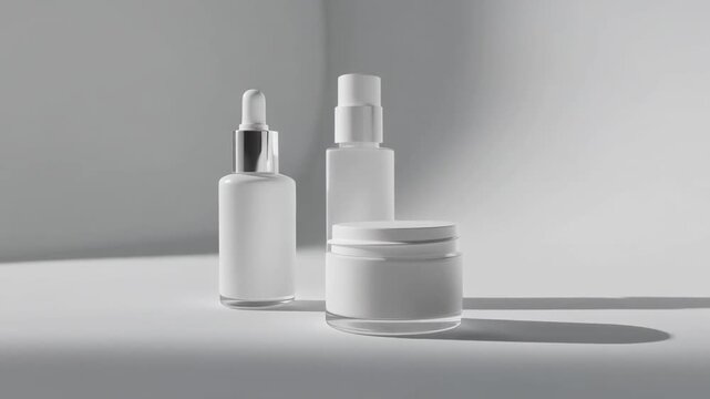 Minimalist Skincare Product Mockup Set on White Background with Serum Dropper Bottle and Cosmetic Cream Jar, Professional 1080p Full HD Studio Shot