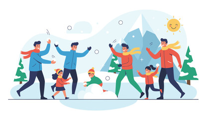 Fototapeta premium Group of friends and family having a fun snowball fight in a snowy mountain landscape under a bright winter sun with pine trees in background.