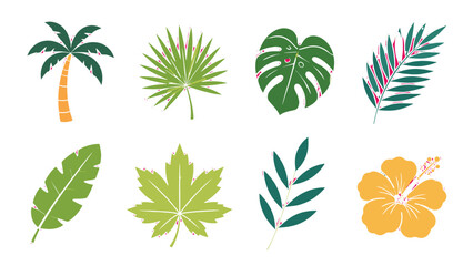 Fototapeta premium Set of tropical leaves and flower vector stickers on white