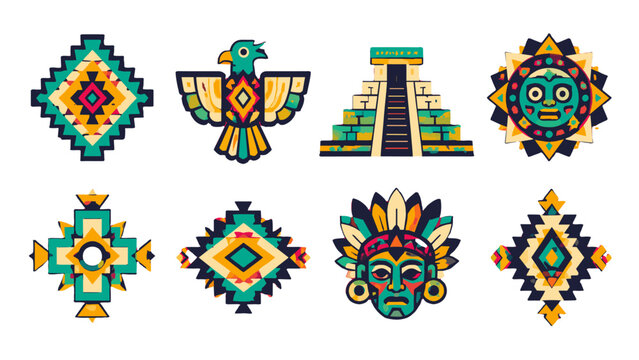 Colorful geometric tribal style icon set with bird and sun