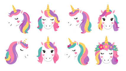 Set of cute unicorn head illustrations with colorful mane © Andrei