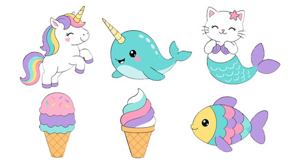 Cute pastel fantasy animals and sweets cartoon set © Andrei
