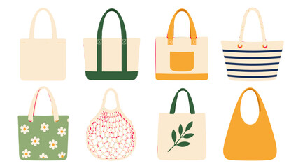 Obraz na płótnie Canvas Set of reusable tote and shopping bag vector illustrations