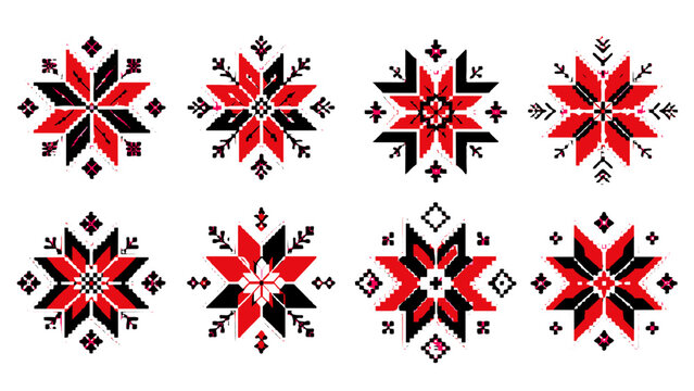 Set of eight geometric red and black star ornaments