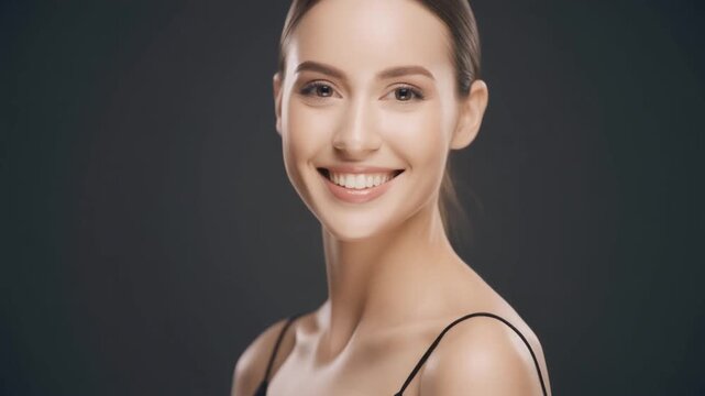 Beautiful Young Caucasian Woman Smiling in Luxury Cosmetics Commercial, Professional Studio Lighting, Cinematic Full HD Beauty Skincare Portrait