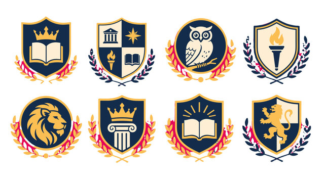 Set of academic heraldic emblems with shields and laurel wreaths