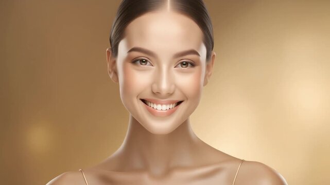 Elegant Beauty Portrait of a Young Woman with Glowing Skin and Soft Smile on Golden Background, Cinematic Full HD Video for Skincare and Cosmetics Commercials