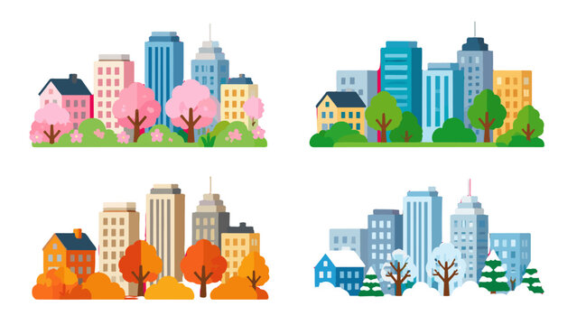 City skyline set with four seasonal urban landscape scenes