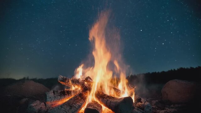 Cinematic Close-up of Glowing Embers in Campfire at Night under Starry Sky, Slow Motion Sparks and Burning Wood, Full HD Background