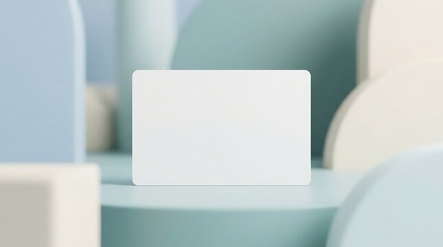 Blank white plastic id card mockup for medical membership or healthcare access identification on soft pastel blue geometric background