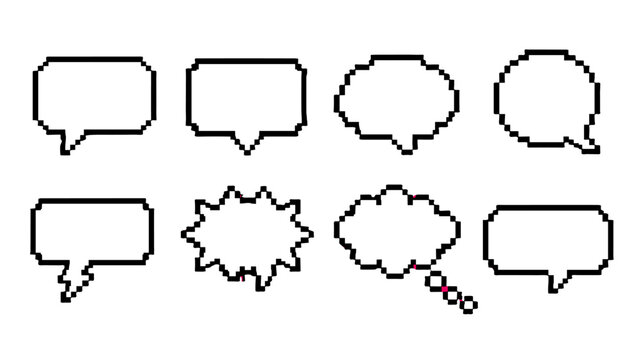 Set of pixelated speech and thought bubbles in black outline