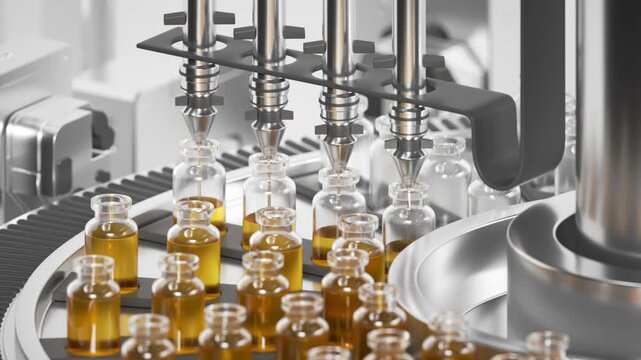 Automated line processing yellow pharmaceutical bottles. Seamless industrial loop animation for drug manufacturing.
