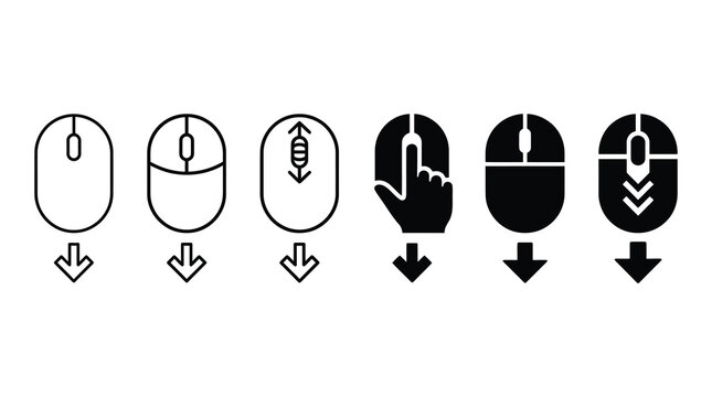 Scroll down computer mouse icons and UI interaction symbols with computer navigation interaction