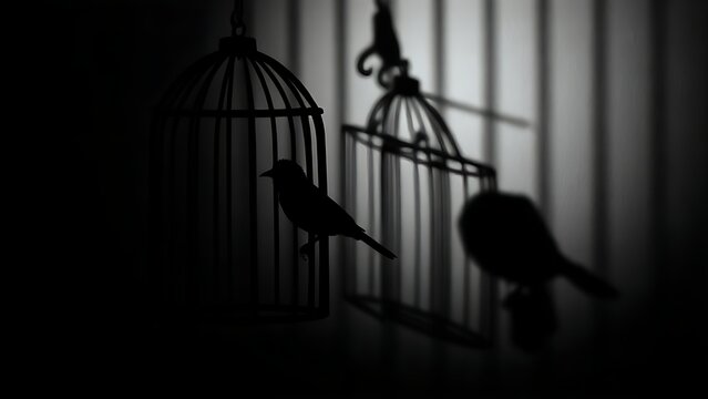 Silhouette of a caged bird with barred shadows on a wall, high contrast.