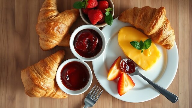 A continental breakfast arrangement with croissants and fruits from above.