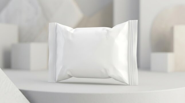 Blank white candy wrapper mockup for food packaging design, plastic snack pouch, horizontal flow pack branding display