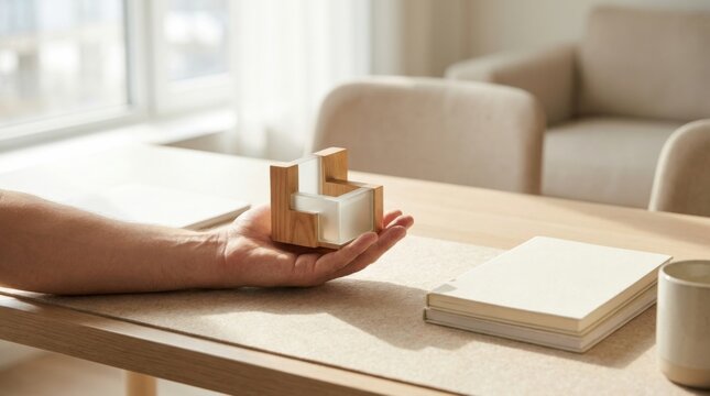 A person's hand holding a small wooden block symbolizing a fundamental element of a business structure concept