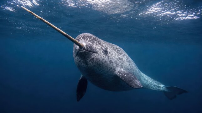 A solitary narwhal swims in the deep blue ocean, its long tusk prominent.