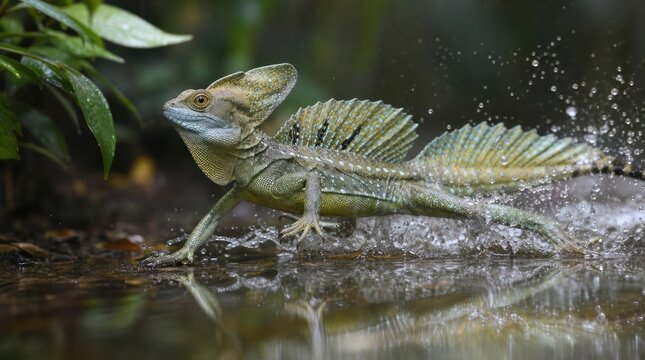 Basilisk Lizard Running on Water Surface in Lush Green Environment.