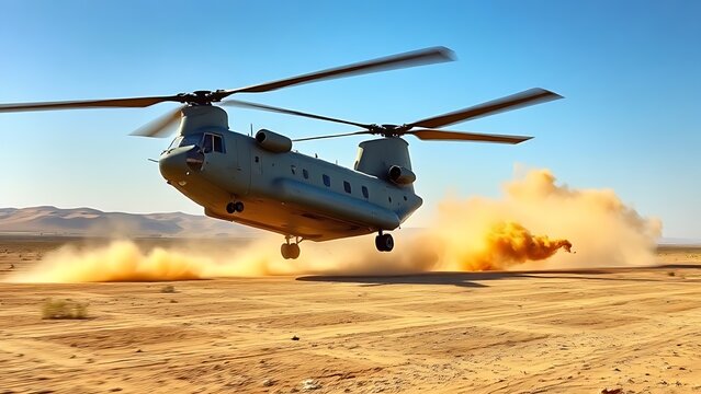 A military helicopter hovering in a desert, rotor downwash stirring up dust.