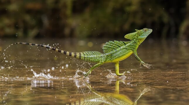 Basilisk Lizard Running on Water Surface in Natural Environment.