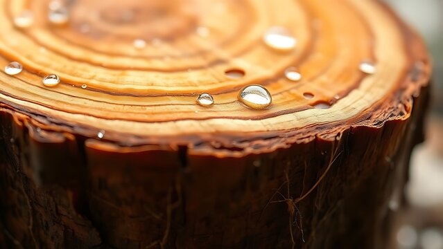 Close-up of moist Spanish cedar wood slice with tiny condensation beads.